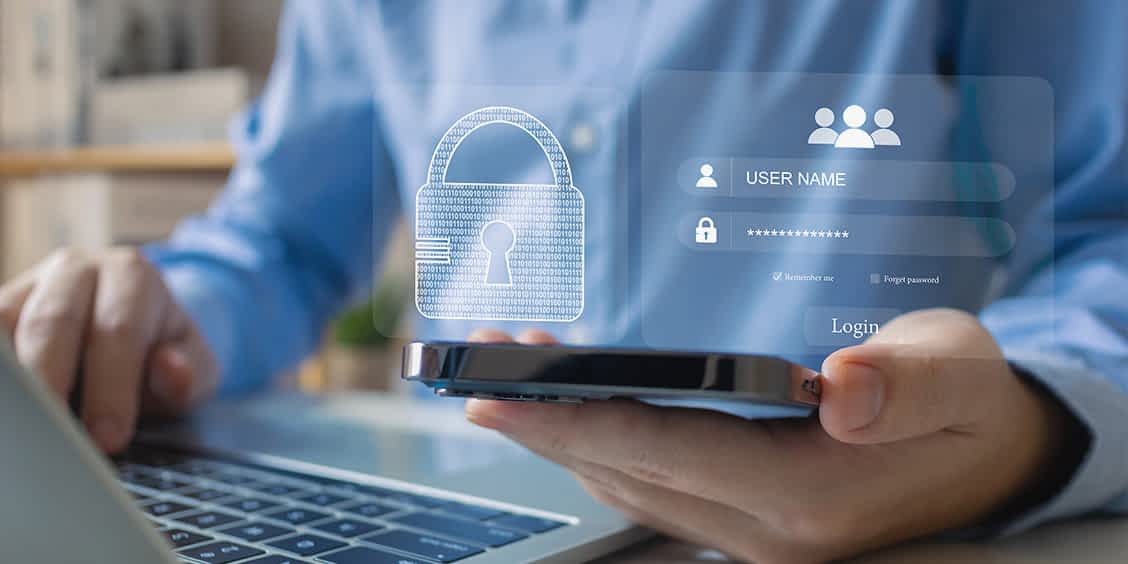Cybersecurity concept with secure login and digital lock icon displayed on mobile and laptop at Express PC Pro