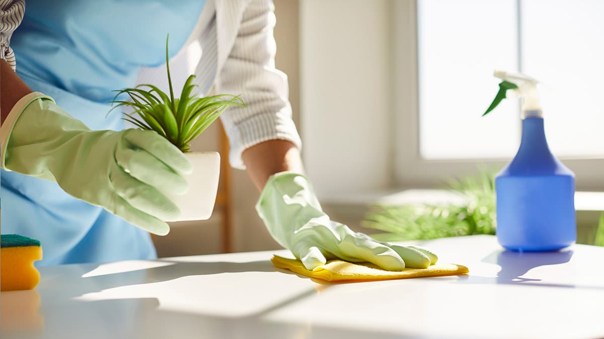 Gloved cleaner wiping a kitchen countertop with a microfiber cloth during professional house cleaning in Des Moines, WA.